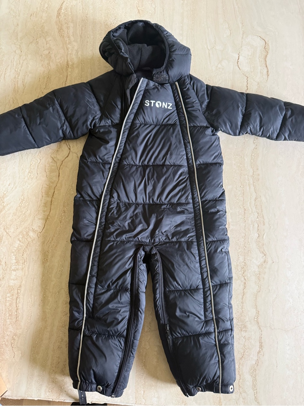 Stonz Black Puffer Kids One-Piece Snowsuit with Hood